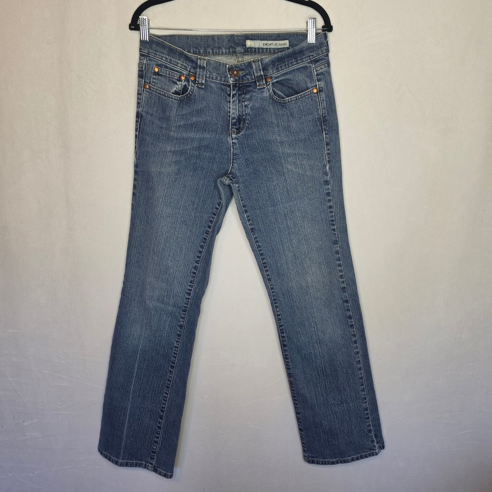 DKNY Jeans Womens Medium Wash Straight Leg Blue Denim Rhinestone Logo Size